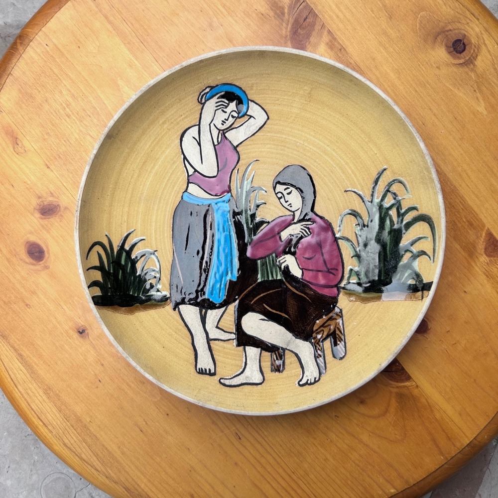 Vintage Hanoi Vietnam Pottery Plate Folk Art Hand Painted Ceramic MCM 8" Rare